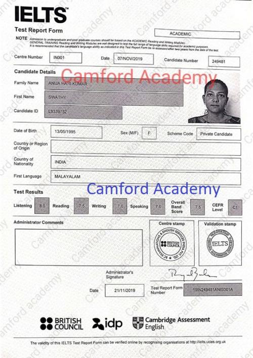 Best IELTS Training Centre in India - SWATHY ANIJA scores 7.5 in her IELTS Acdemic module. Camford IELTS Kerala.
